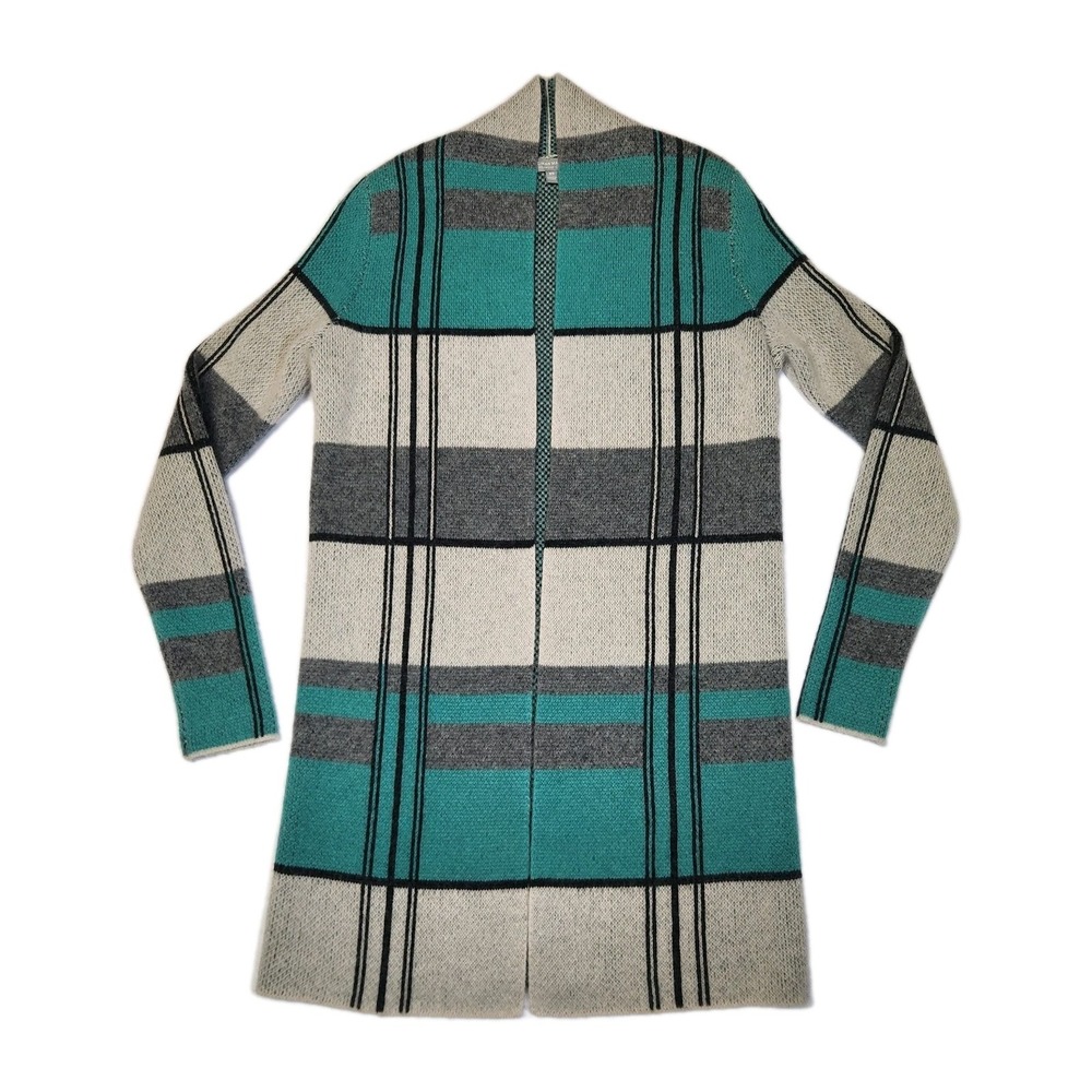 Neiman Marcus 100% Cashmere Plaid Open Front Cardigan Sweater Women XS Teal Gray